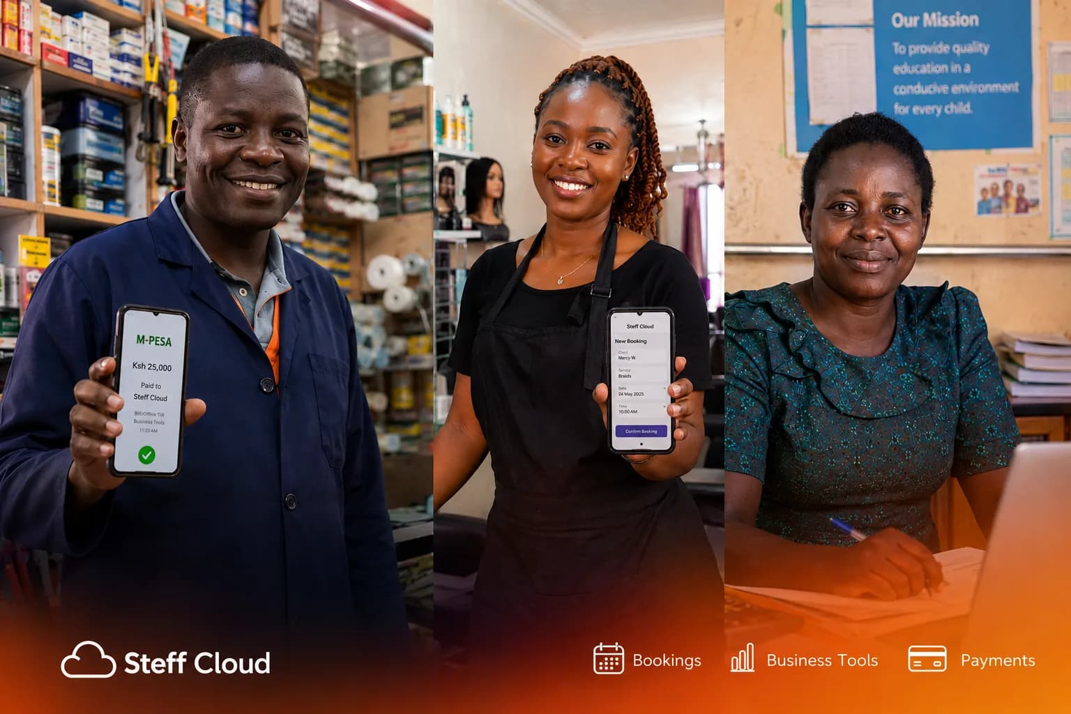 A Nakuru hardware shop owner showing an M-Pesa payment confirmation, a salon owner with a booking on her phone, and a school administrator at her desk